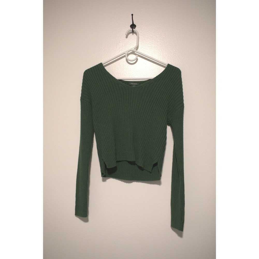 Wild Fable Green Ribbed V-Neck Cropped Sweater Long Sleeve Small